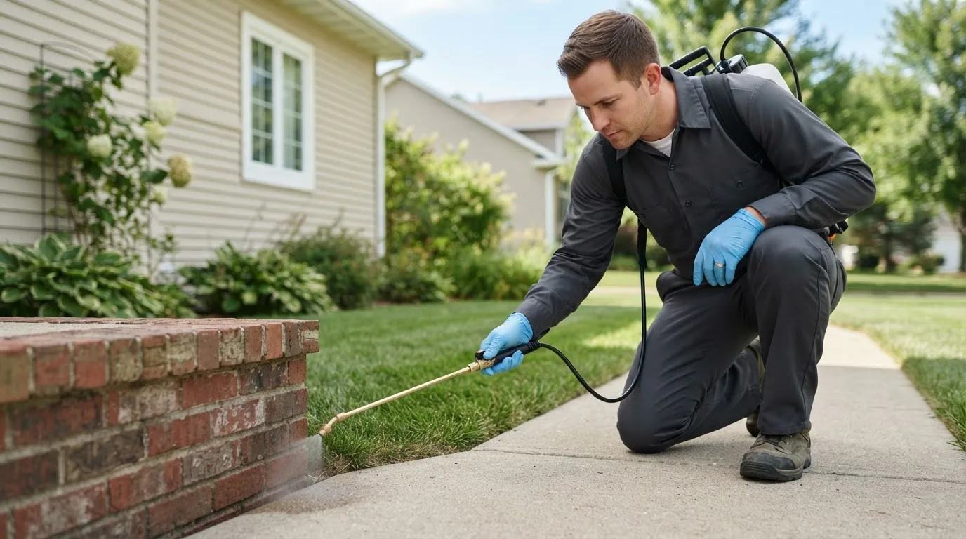 Pest control technician treating a home near Volga, IA