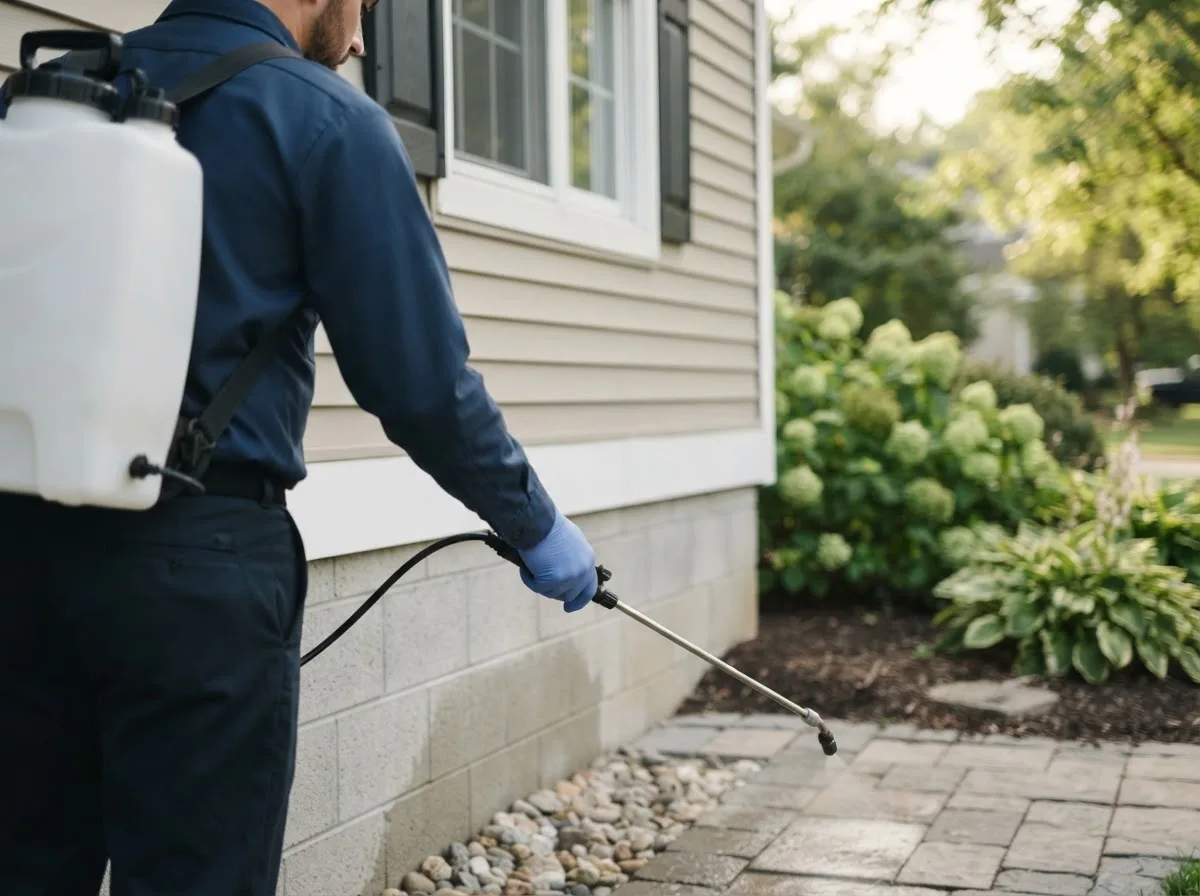 Pest control technician inspecting a home in Volga, IA